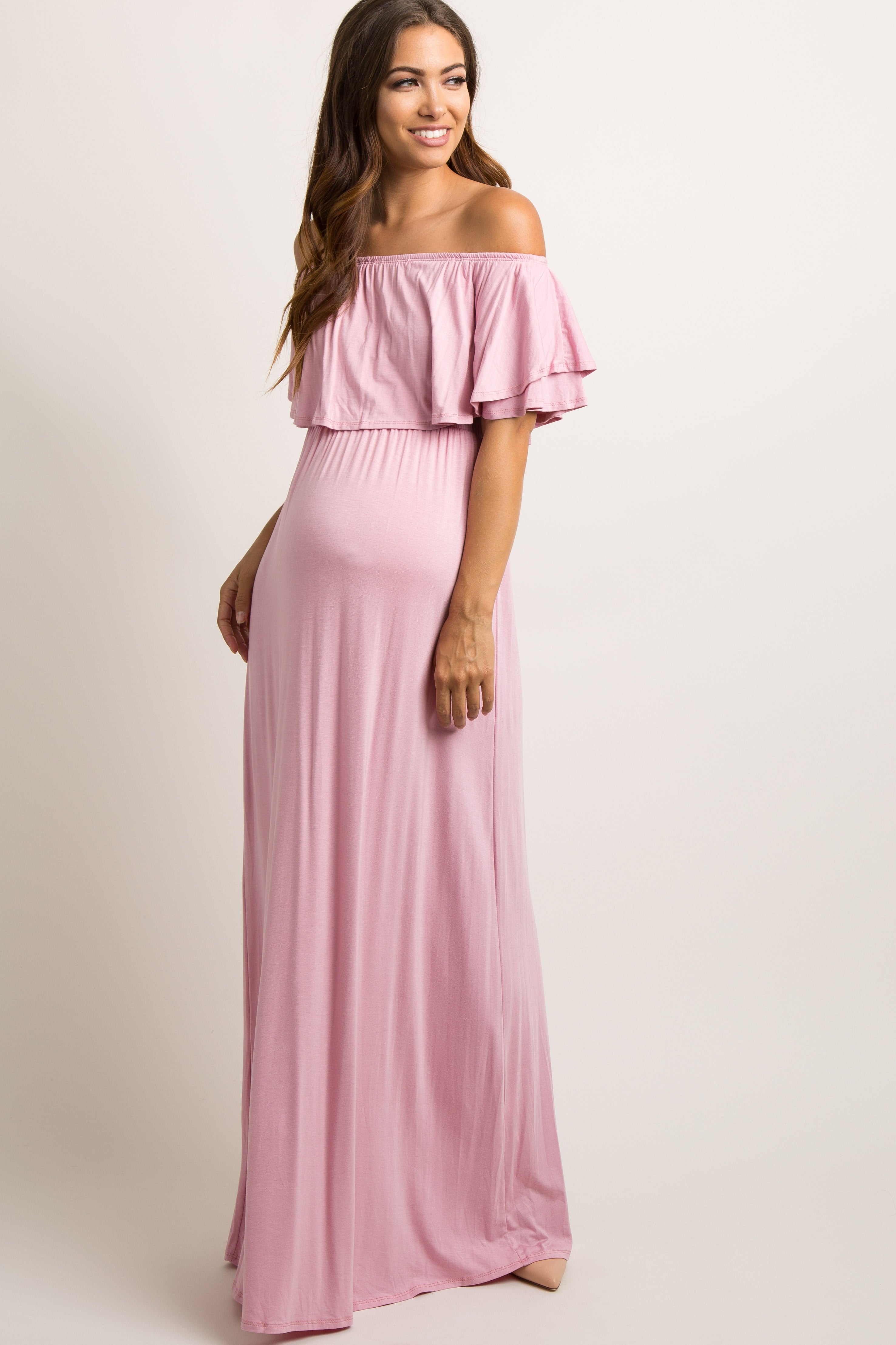 Light Pink Off Shoulder Ruffle Trim ...